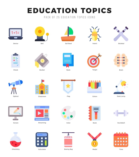 Educación Temas Iconos paquete Estilo plano Icones Ilustración vectorial