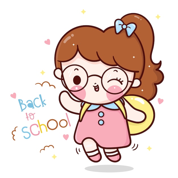 Educador regreso a la escuela doodle linda chica de dibujos animados feliz emoción