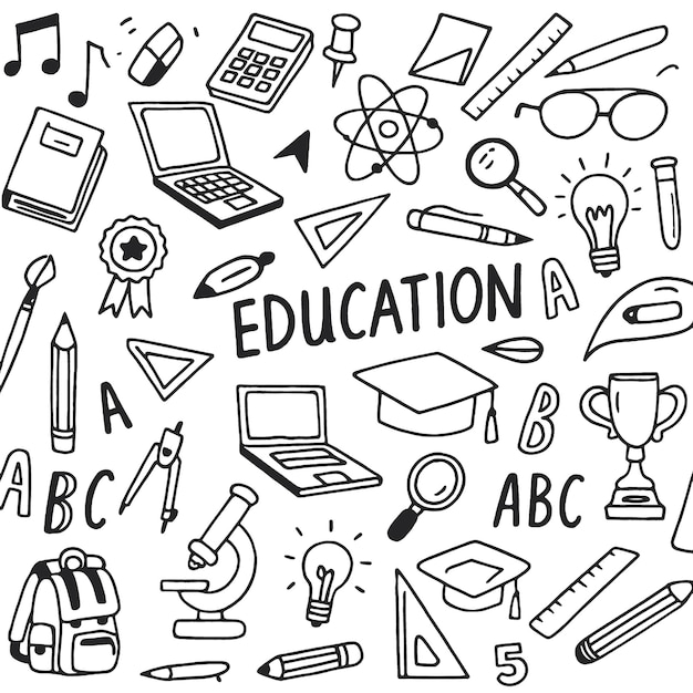 Education themed doodles including books pencils and scientific tools create vibrant learning