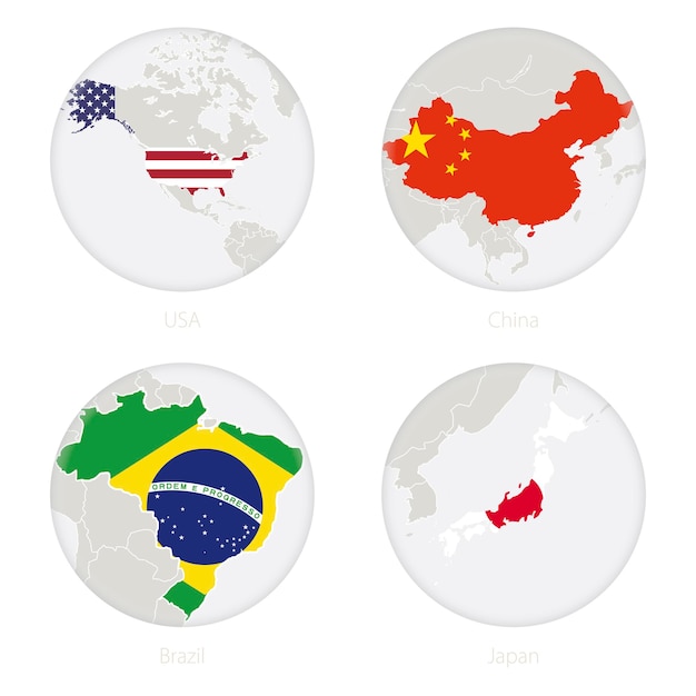EE.UU., China, Brasil, Japón mapa contorno y bandera nacional en un círculo. Ilustración vectorial.