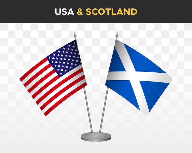 EE.UU. Estados Unidos América vs Escocia escritorio banderas maqueta 3d vector ilustración mesa banderas