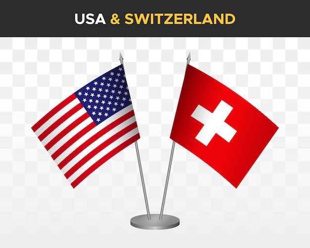 Ee.uu. estados unidos américa vs suiza escritorio banderas maqueta 3d vector ilustración mesa banderas