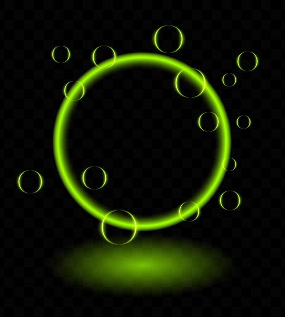Efecto de anillo mágico de neón verde Marco circular brillante luz de neón vibrante flotante orbes translúcidas burbujas de jabón papel tapiz futurista inspirado en la tecnología o diseños decorativos