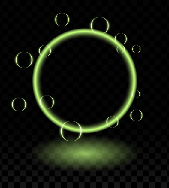 Efecto de anillo mágico de neón verde Marco circular brillante luz de neón vibrante flotante orbes translúcidas burbujas de jabón papel tapiz futurista inspirado en la tecnología o diseños decorativos