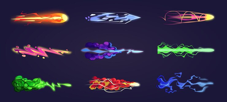 Efecto de arma Vfx El arma espacial disparó blaster rayo láser arma de plasma rayos de relámpago humo raygun efectos visuales de luz energía colorida efectos de disparo videojuego 2D ilustración de dibujos animados vectorial