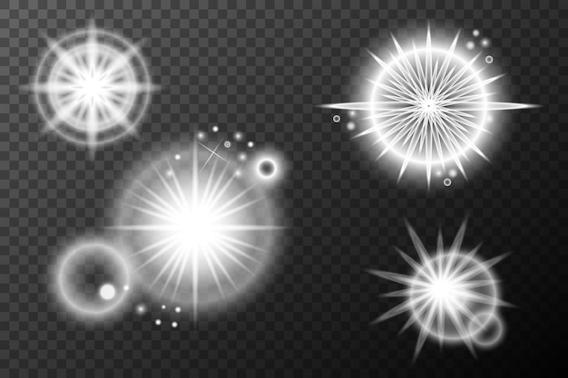 Efecto blanco ligero destello aislado explosión de neumático línea de polvo destello solar estrella chispa conjunto vectorial de luz solar