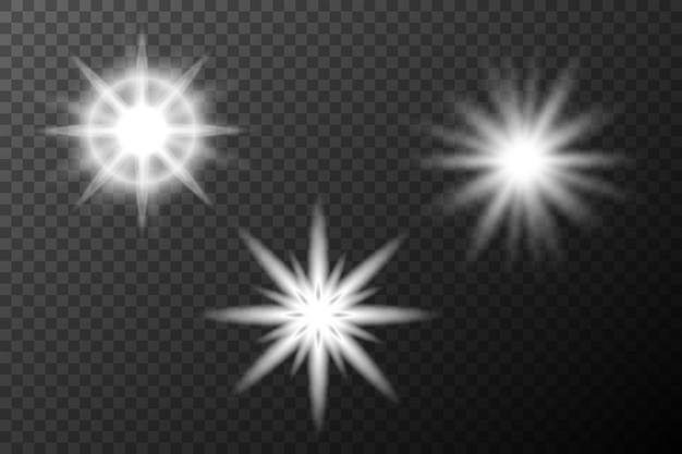 Efecto blanco ligero destello aislado explosión de neumático línea de polvo destello solar estrella chispa conjunto vectorial de luz solar