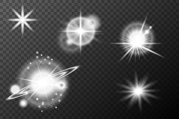 Efecto blanco ligero destello aislado explosión de neumático línea de polvo destello solar estrella chispa conjunto vectorial de luz solar