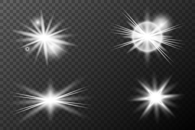 Efecto blanco ligero destello aislado explosión de neumático línea de polvo destello solar estrella chispa conjunto vectorial de luz solar
