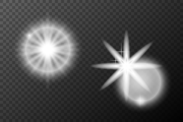 Efecto blanco ligero destello aislado explosión de neumático línea de polvo destello solar estrella chispa conjunto vectorial de luz solar