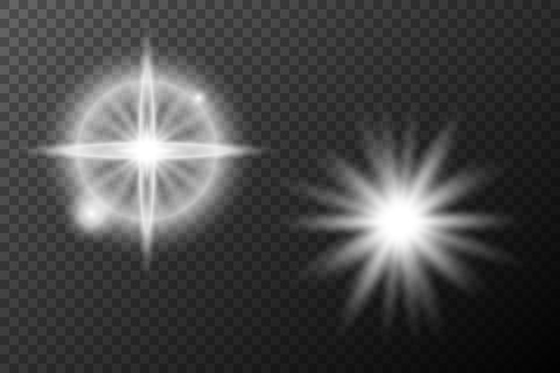 Efecto blanco ligero destello aislado explosión de neumático línea de polvo destello solar estrella chispa conjunto vectorial de luz solar