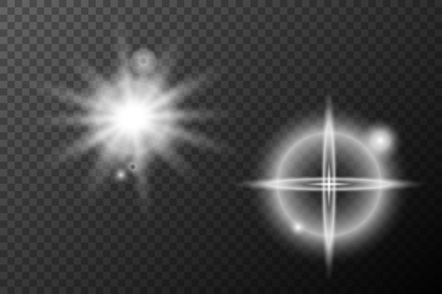 Efecto blanco ligero destello aislado explosión de neumático línea de polvo destello solar estrella chispa conjunto vectorial de luz solar