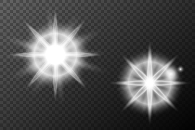 Efecto blanco ligero destello aislado explosión de neumático línea de polvo destello solar estrella chispa conjunto vectorial de luz solar