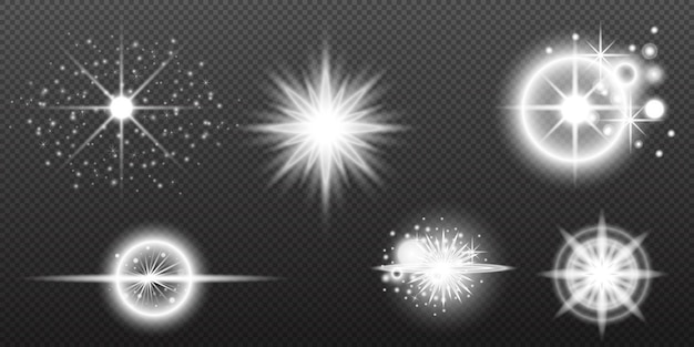 Efecto blanco ligero destello aislado explosión de neumático línea de polvo destello solar estrella chispa conjunto vectorial de luz solar