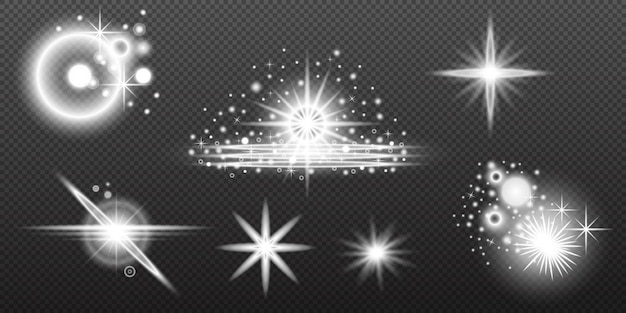 Efecto blanco ligero destello aislado explosión de neumático línea de polvo destello solar estrella chispa conjunto vectorial de luz solar