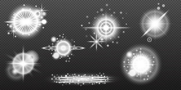 Efecto blanco ligero destello aislado explosión de neumático línea de polvo destello solar estrella chispa conjunto vectorial de luz solar
