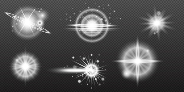 Efecto blanco ligero destello aislado explosión de neumático línea de polvo destello solar estrella chispa conjunto vectorial de luz solar