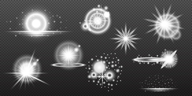 Efecto blanco ligero destello aislado explosión de neumático línea de polvo destello solar estrella chispa conjunto vectorial de luz solar