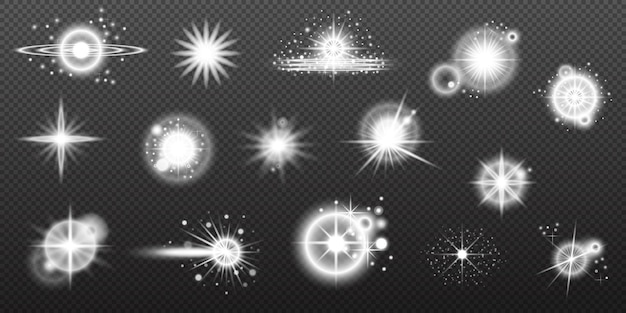 Efecto blanco ligero destello aislado explosión de neumático línea de polvo destello solar estrella chispa conjunto vectorial de luz solar