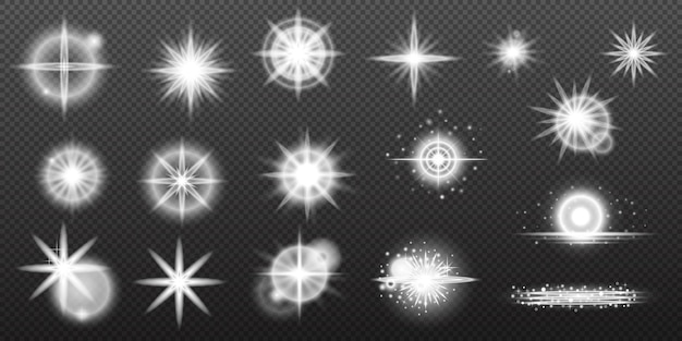 Efecto blanco ligero destello aislado explosión de neumático línea de polvo destello solar estrella chispa conjunto vectorial de luz solar