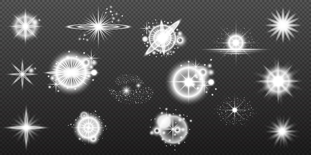 Efecto blanco ligero destello aislado explosión de neumático línea de polvo destello solar estrella chispa conjunto vectorial de luz solar