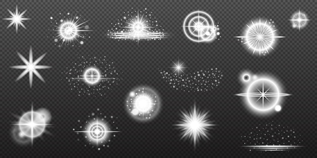 Efecto blanco ligero destello aislado explosión de neumático línea de polvo destello solar estrella chispa conjunto vectorial de luz solar