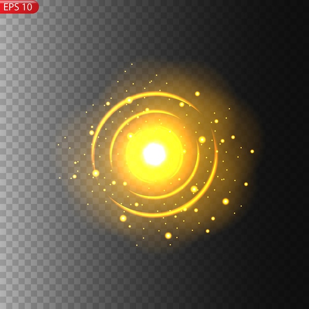 El efecto de un brillante destello dorado de luz en un fondo transparente con rayos y deslumbramiento