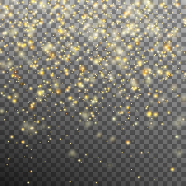 Vector efecto de brillo dorado sobre fondo transparente. el polvo de estrellas chispea en explosión como fuegos artificiales.