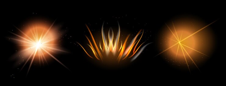 Vector efecto de brillo explosión de estrella de elemento de fuego elementos de iluminación en conjunto de vector de llama de oro negro