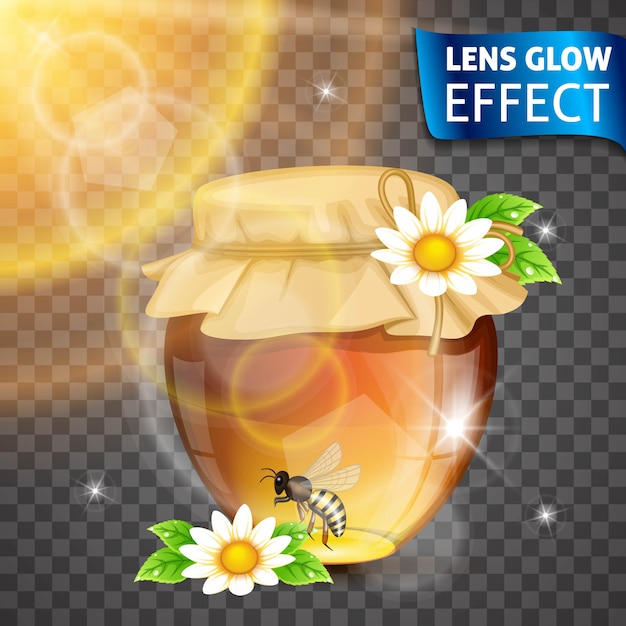 Vector efecto de brillo de lente. miel, banco de miel, flores, abejas, efecto brillante del sol. luces brillantes, resplandor, efecto de lente.