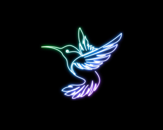 Efecto de brillo de luz de neón de colibrí en fondo negro con estilo de dibujo continuo de una línea