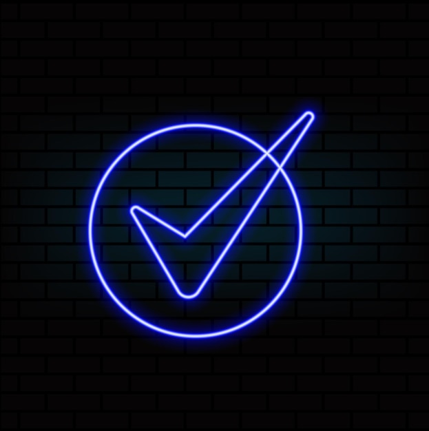 Efecto de brillo de luz de neón Icono aprobado de la línea de premios Signo de certificado aceptado Símbolo de medalla confirmado
