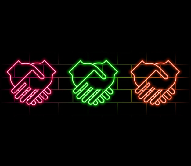 Efecto de brillo de luz de neón Ícono de línea de apretón de mano Signo de gesto de mano Símbolo de palma de negocio Línea de neón 3D