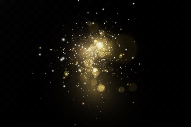 Efecto brillo de partículas. El oro brilla. Partículas brillantes de polvo de estrellas sobre un fondo transparente.