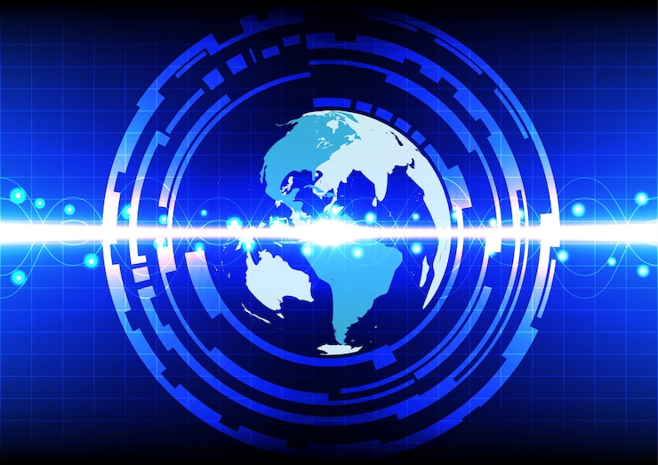 Vector efecto de círculo de línea mundial abstracto sobre fondo azul