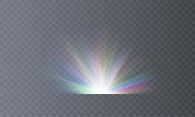 Efecto cristalino de un destello de luz brillante y parpadeante en un fondo transparente con rayos