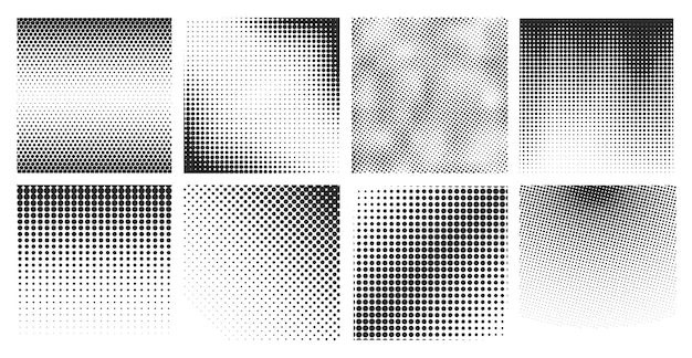 Vector efecto de degradado de semitonos gradientes de semitonos negros fondo de patrones de puntos ruido punteado abstracto texturas diseño de arte pop desvanecimientos de grano elementos vectoriales exactos