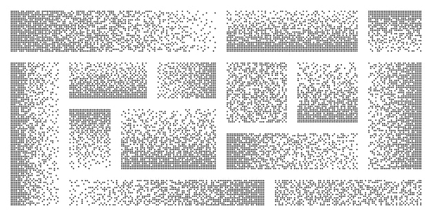 Vector efecto de descomposición de la desintegración de píxeles varios elementos rectangulares hechos de formas redondas dispersas punteadas