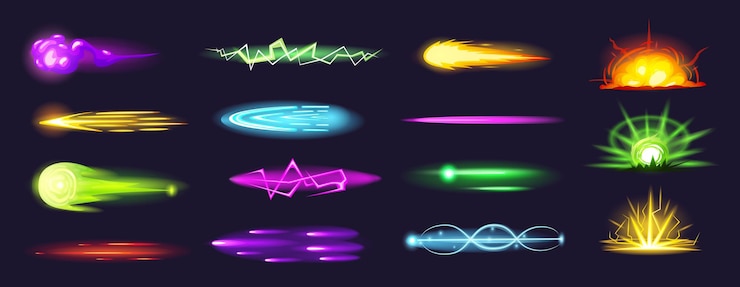 Vector efecto de disparo de blaster rayo láser de neón y disparo de plasma disparos de juego de blaster o arma espacial explosión de energía de relámpago cómico conjunto vectorial actual