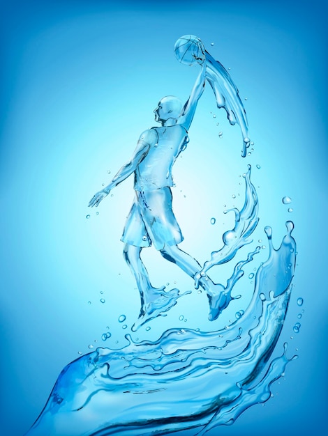 Efecto especial de agua, atleta de baloncesto líquido saltando y mojando una pelota con salpicaduras de agua debajo en la ilustración 3d