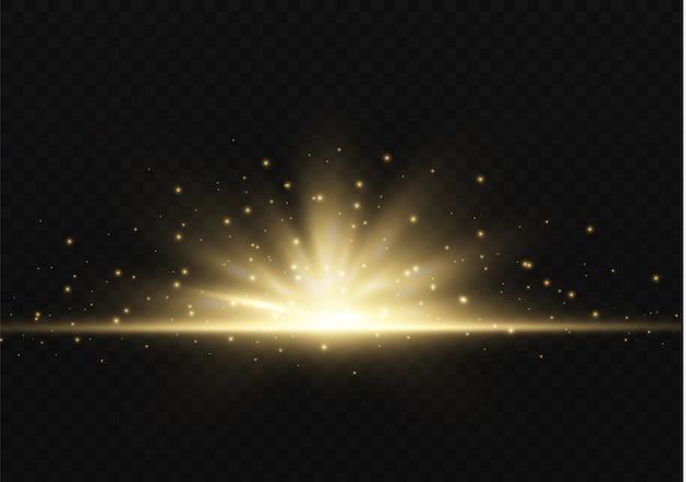 Efecto especial ligero resaltado amarillo con rayos de luz y destellos mágicos. Rayo de sol. Resplandor transparente vector conjunto de efectos de luz, explosión, brillo, chispa, llamarada solar.