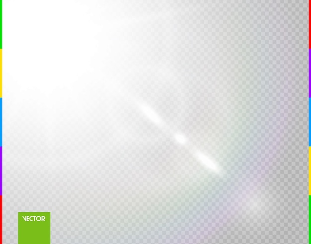 Efecto especial de los rayos de luz del sol del vector. Destello de lente de luz solar transparente resplandor. Proyector de flash aislado. Fondo translúcido frontal blanco. Desenfoque de elemento de decoración abstracta. Esquina de luz brillante.