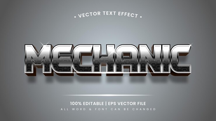 Vector efecto de estilo de texto 3d metálico plateado brillante mecánico. estilo de texto de ilustrador editable.