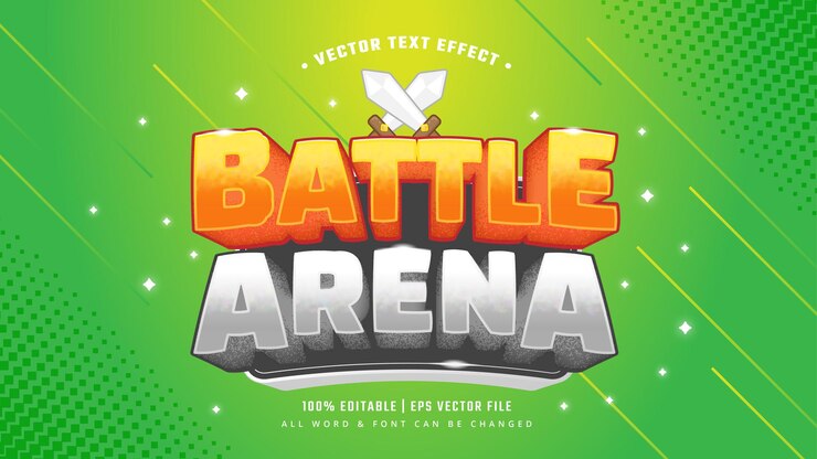 Vector efecto de estilo de texto 3d del videojuego battle arena. estilo de texto de ilustrador editable.