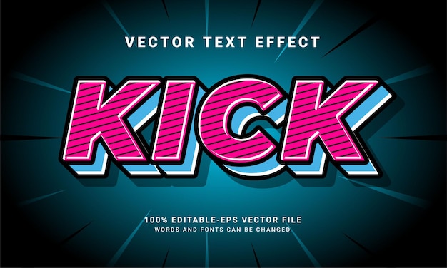 Efecto de estilo de texto editable 3D cómico de Kick. Efecto de texto cómico de patada con tema de sombra rosa y azul