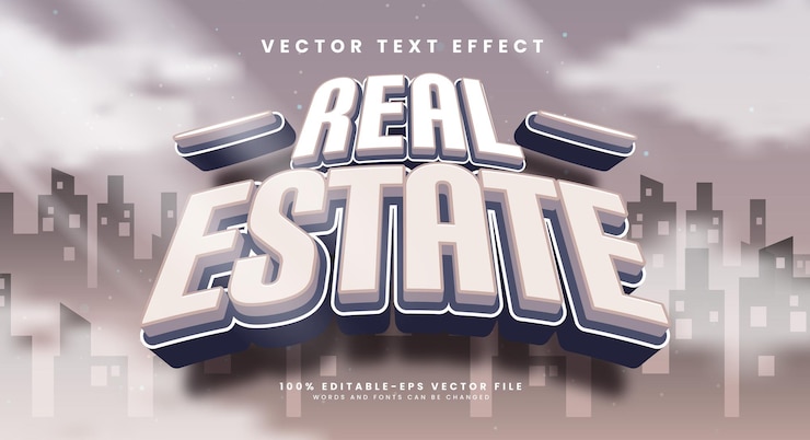 Vector efecto de estilo de texto vectorial editable en 3d de bienes raíces adecuado para las necesidades comerciales de propiedad