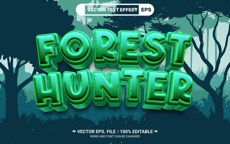 Vector efecto de estilo de texto vectorial editable 3d de cazador de bosques con fondo de jungla