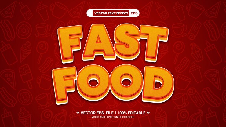 Vector efecto de estilo de texto vectorial editable de comida rápida en 3d con fondo vectorial de comida dibujado a mano