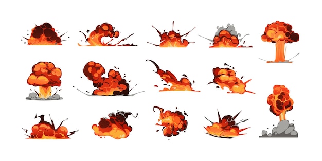 Vector efecto de explosión cómica explosión de bomba de dibujos animados y gráfico de explosión de dinamita con juego de fuego y humo activo de animación de explosión de energía conjunto aislado vectorial