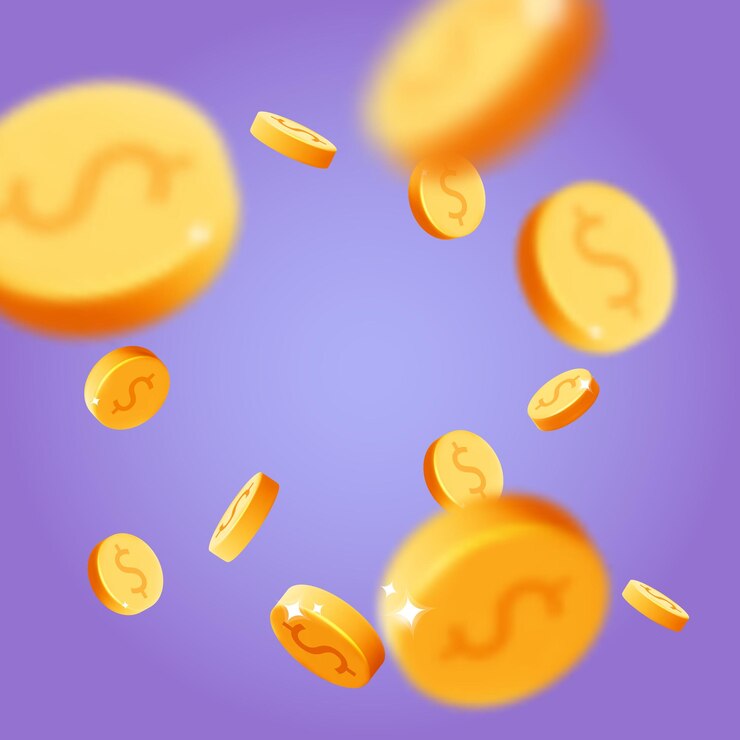 Vector efecto de explosión de monedas de dólar volando y cayendo de vector 3d en ilustración de banner de fondo púrpura